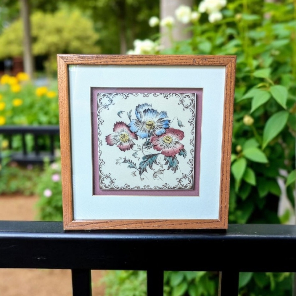 Vtg Ceramic Floral Tile Made In England Wood/Glass-Framed Poppies Square 10.75"